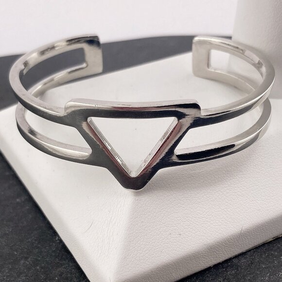 VINTAGE Silver tone metal open triangle design cuff bracelet 70s 80s jewelry - Picture 4 of 8
